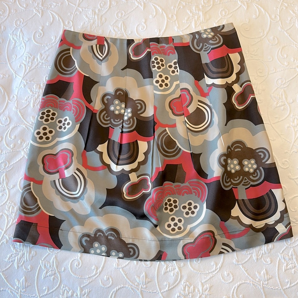 Boden Abstract Floral Silk‎ Mini Skirt with Pleats in Pink/Gray/Brown Size 8